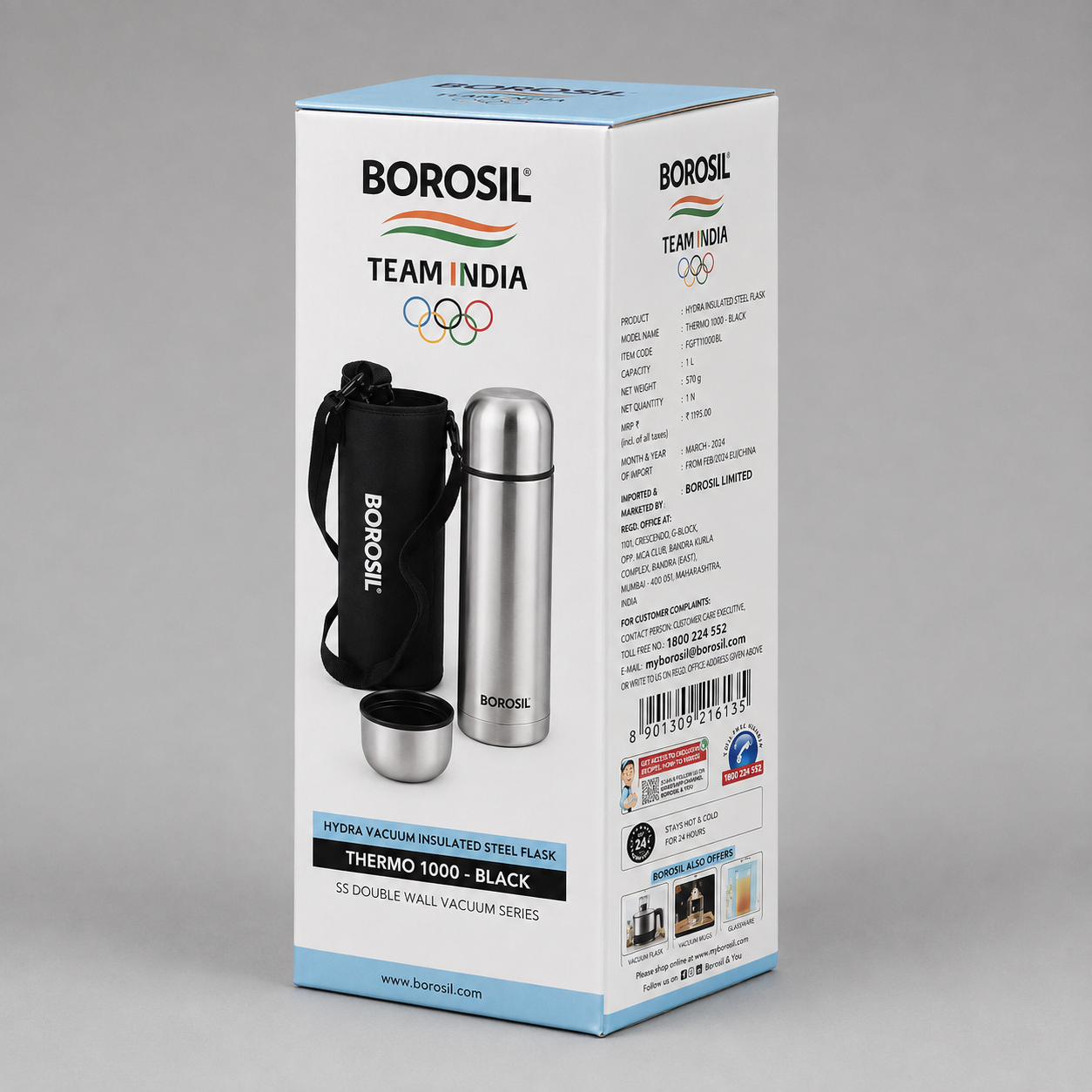 Borosil Hydra Thermo 1000 Black Vacuum Insulated Steel Flask 1 L | Double Wall Stainless Steel Thermos Bottle with Carrying Bag - Image 2